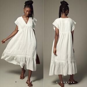 NEW Anthropologie Ruffled Tiered Maxi Dress Women's White Size Petite Small S/P